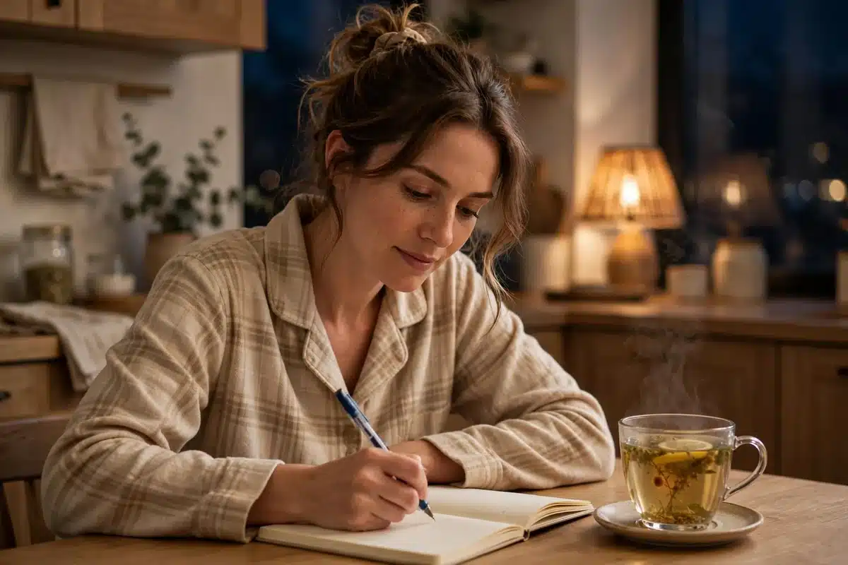 Photo of a woman in pajamas writing in a notebook at her kitchen table in the evening, a cup of tea beside her
