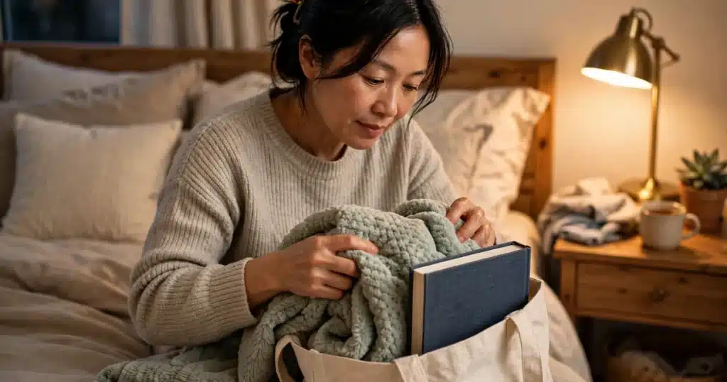 Photo of a woman packing a soft blanket and a book into a tote bag on her bed in the evening
