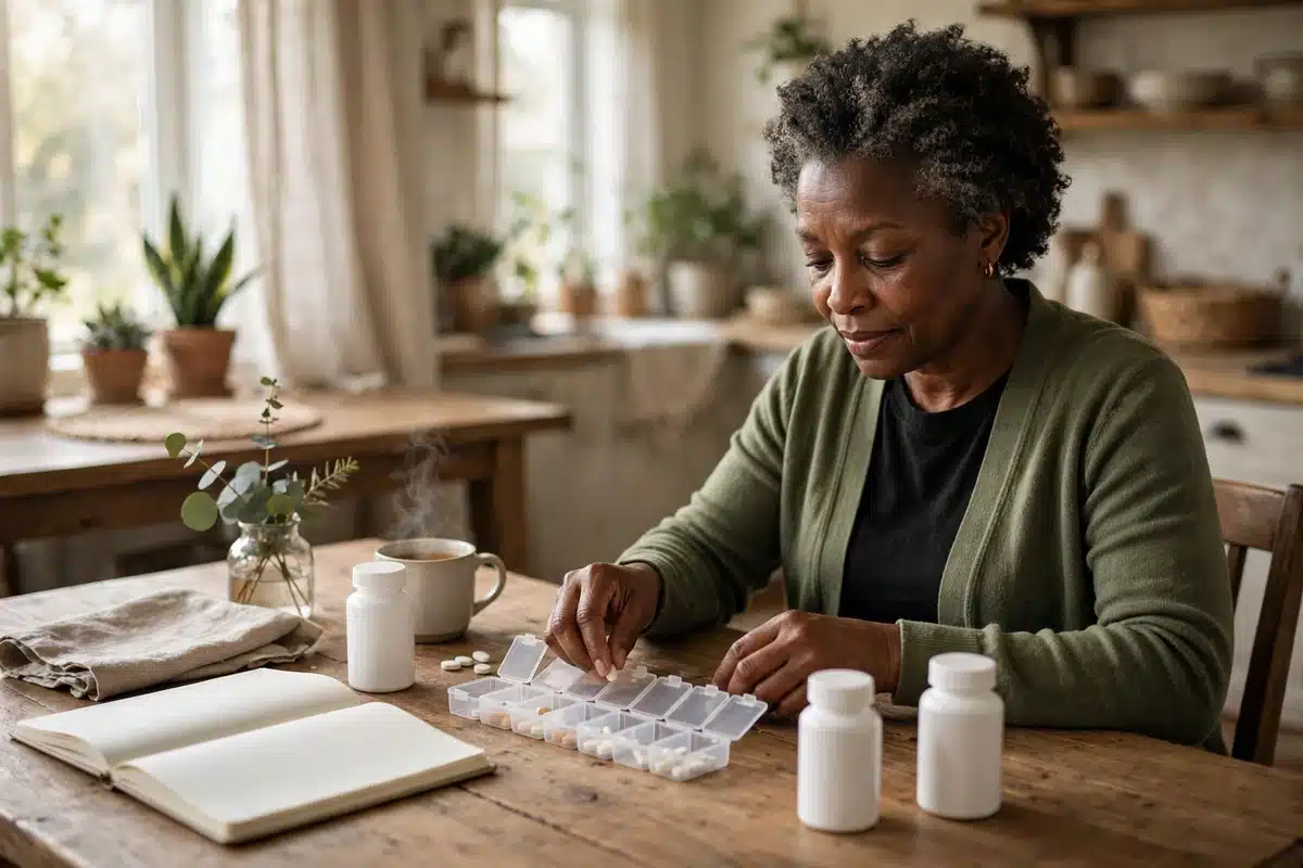 Photo of a woman organizing her medicines into a weekly pill organizer at home