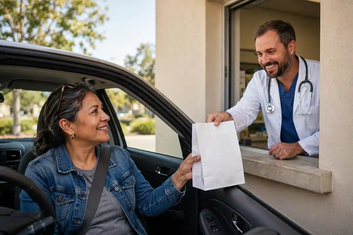 Photo of a woman receiving a pharmacy bag at a drive-through window