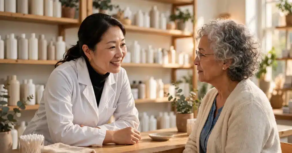 Photo of a pharmacist in a white coat counseling a woman at a pharmacy counter