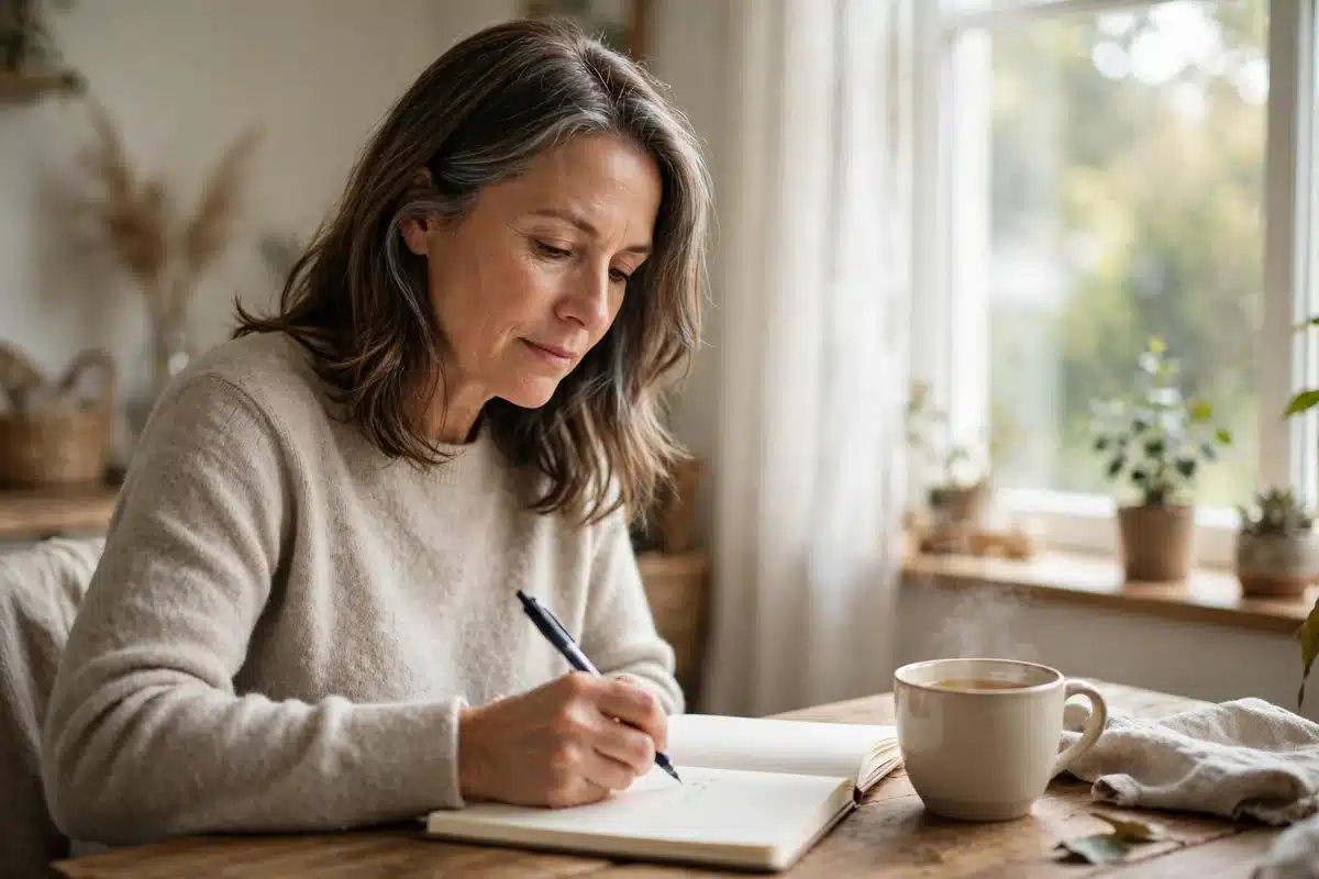Photo of a woman in her 50s sitting at home by a bright window, writing questions in a plain notebook in calm natural light