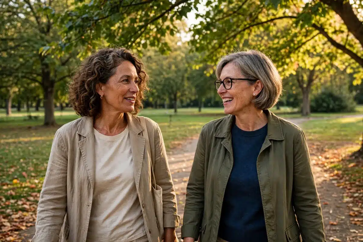 Photo of a woman in her 50s walking in a park with a close friend in warm afternoon light, talking together