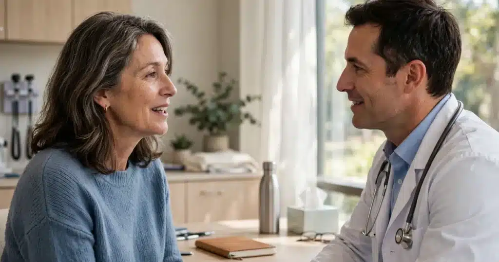 Photo of a woman in her 50s talking with her doctor in a bright clinic office about an uncommon breast cancer diagnosis