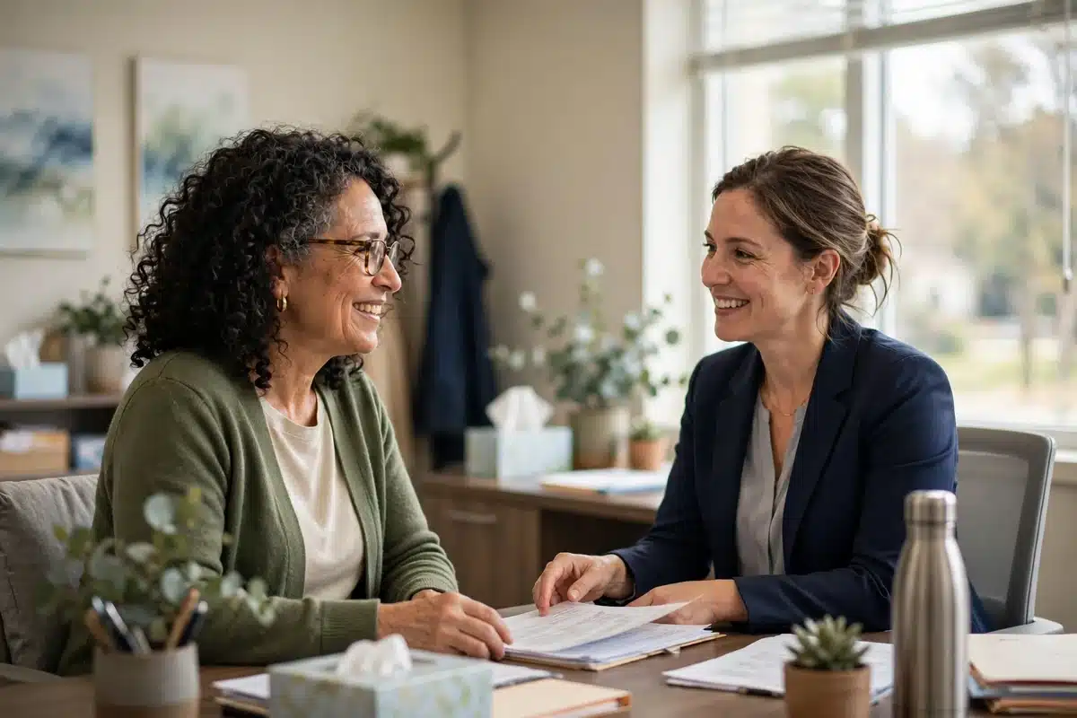Photo of a woman discussing paperwork with a financial counselor in a hospital office