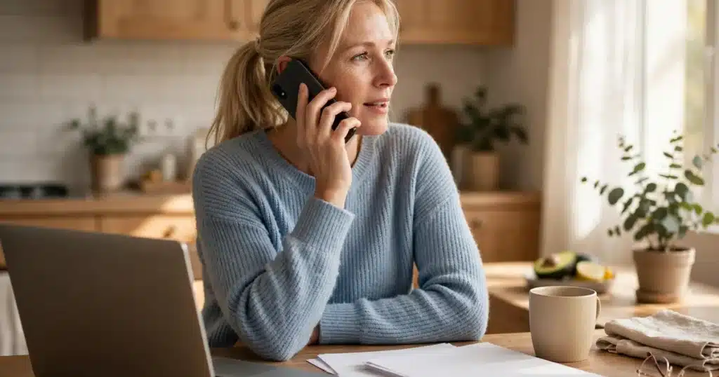 Photo of a woman talking on the phone at her kitchen table with insurance papers and a laptop in front of her