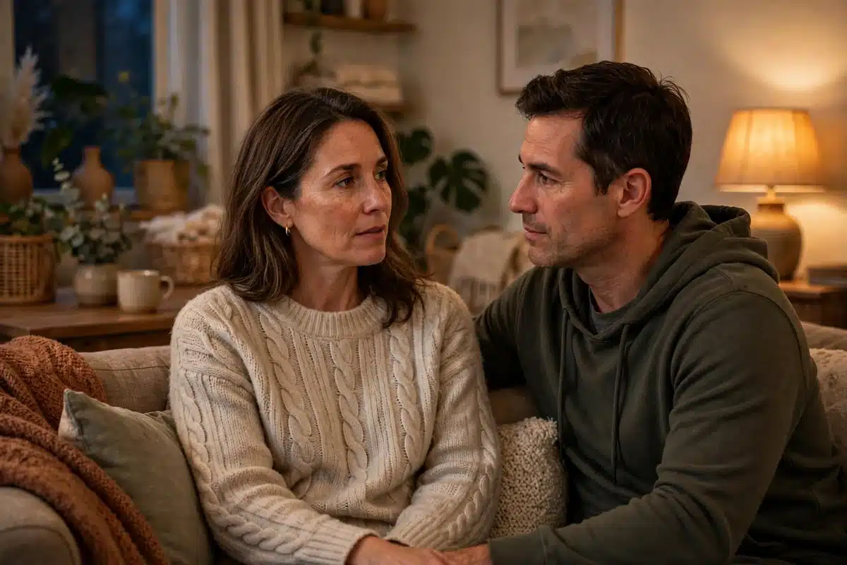 Photo of a woman in her 40s at home talking quietly with her partner on a sofa about a big decision, warm lamp light, thoughtful supportive mood