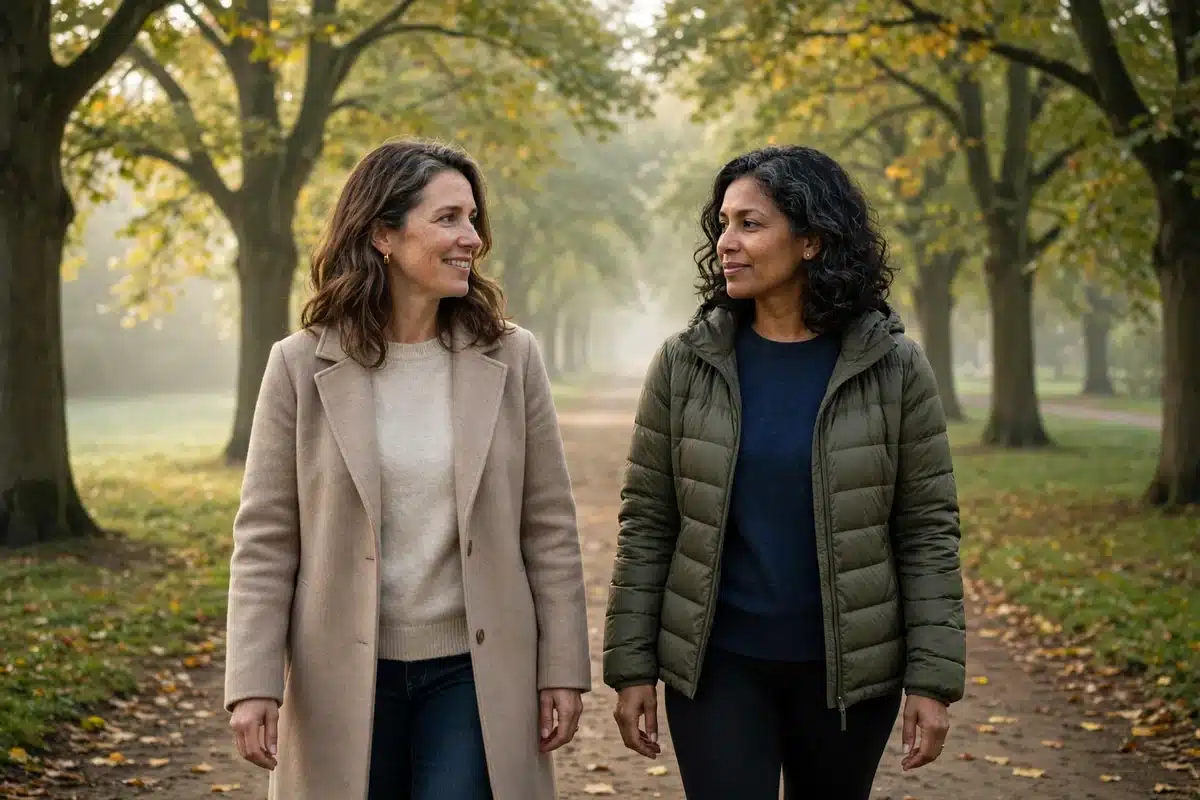 Photo of a woman in her 40s walking outdoors on a tree-lined path with a close friend in soft morning light, calm and reflective, hopeful mood