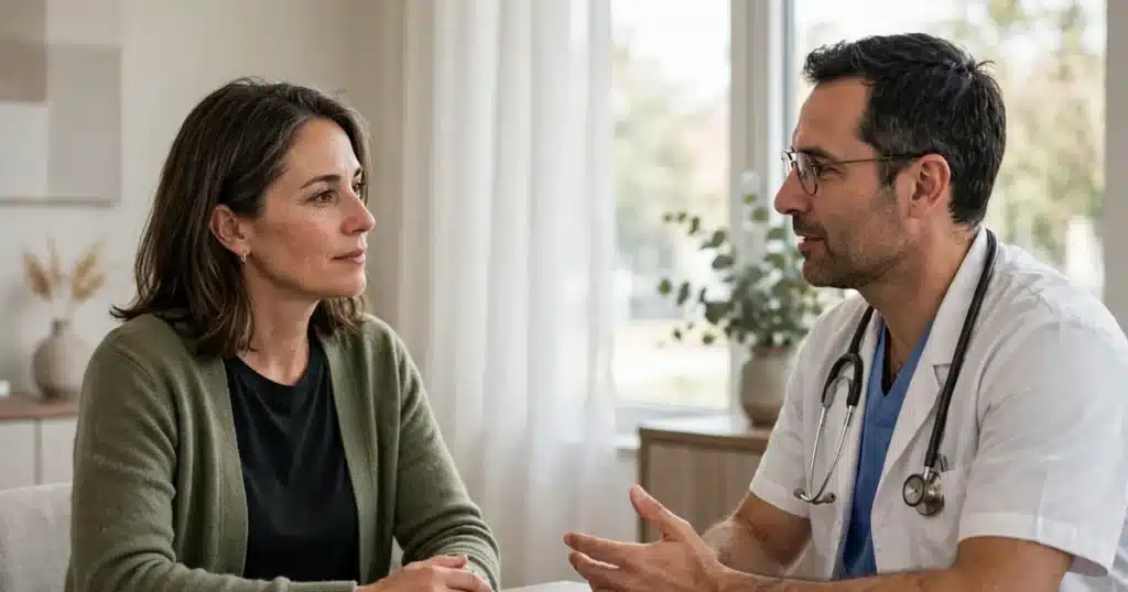 Photo of a woman in her 40s sitting across from her surgeon in a bright clinic office, having a calm unhurried conversation about surgery choices, natural window light