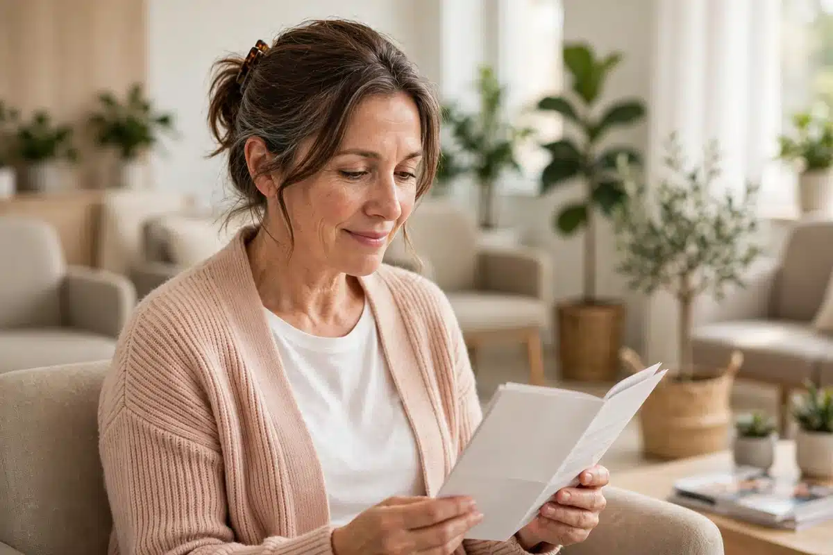 Woman reading a pamphlet in a bright clinic waiting area
