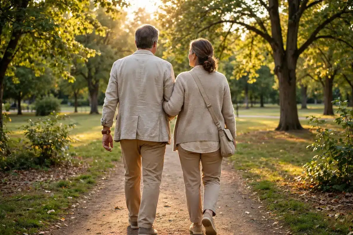 Couple walking together on a sunlit park path
