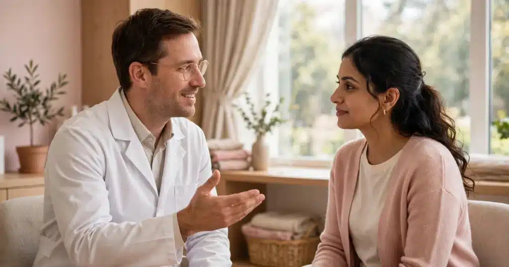 Radiation oncologist talking with a woman patient in a bright clinic room