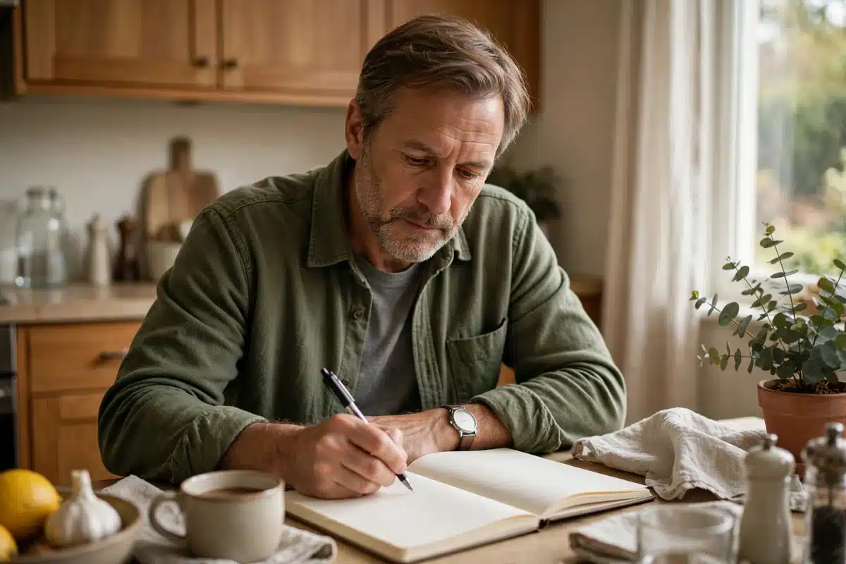 Photo of a man writing questions in a plain notebook at a kitchen table at home before his wife's oncology appointment