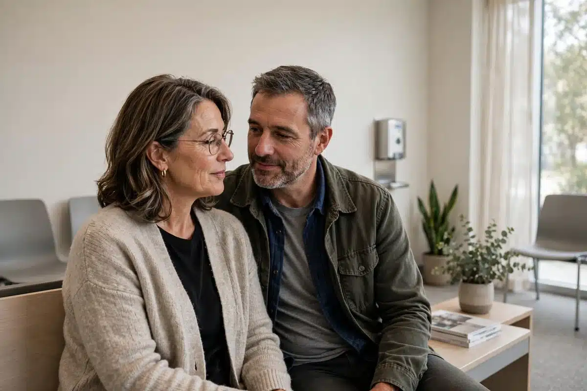 Photo of a woman and her husband sitting together in a bright clinic waiting area, talking quietly before her appointment