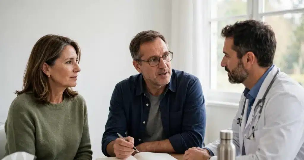 Photo of a woman and her partner talking with her doctor in a bright consultation room, her partner asking a question from a plain notebook