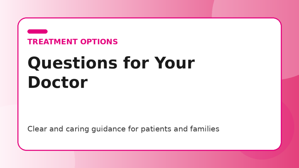 Pink title graphic for a guide to questions to ask your oncologist at your first visit for patients and families
