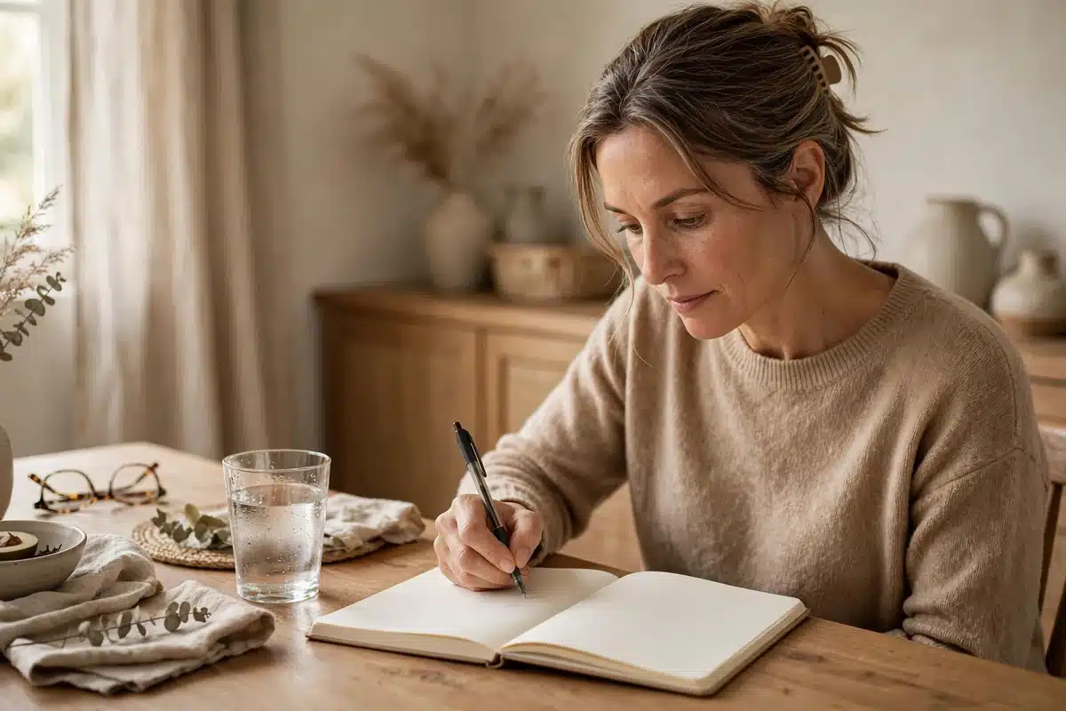 Photo of a woman writing a list of questions in a notebook at home before her follow-up appointment