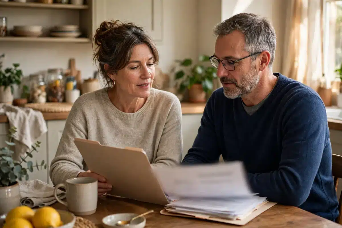 Photo of a woman and her partner looking through her follow-up appointment folder together at home
