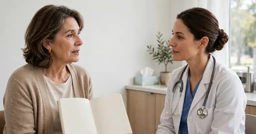 Photo of a woman asking questions from a notebook while talking with her doctor at a follow-up appointment