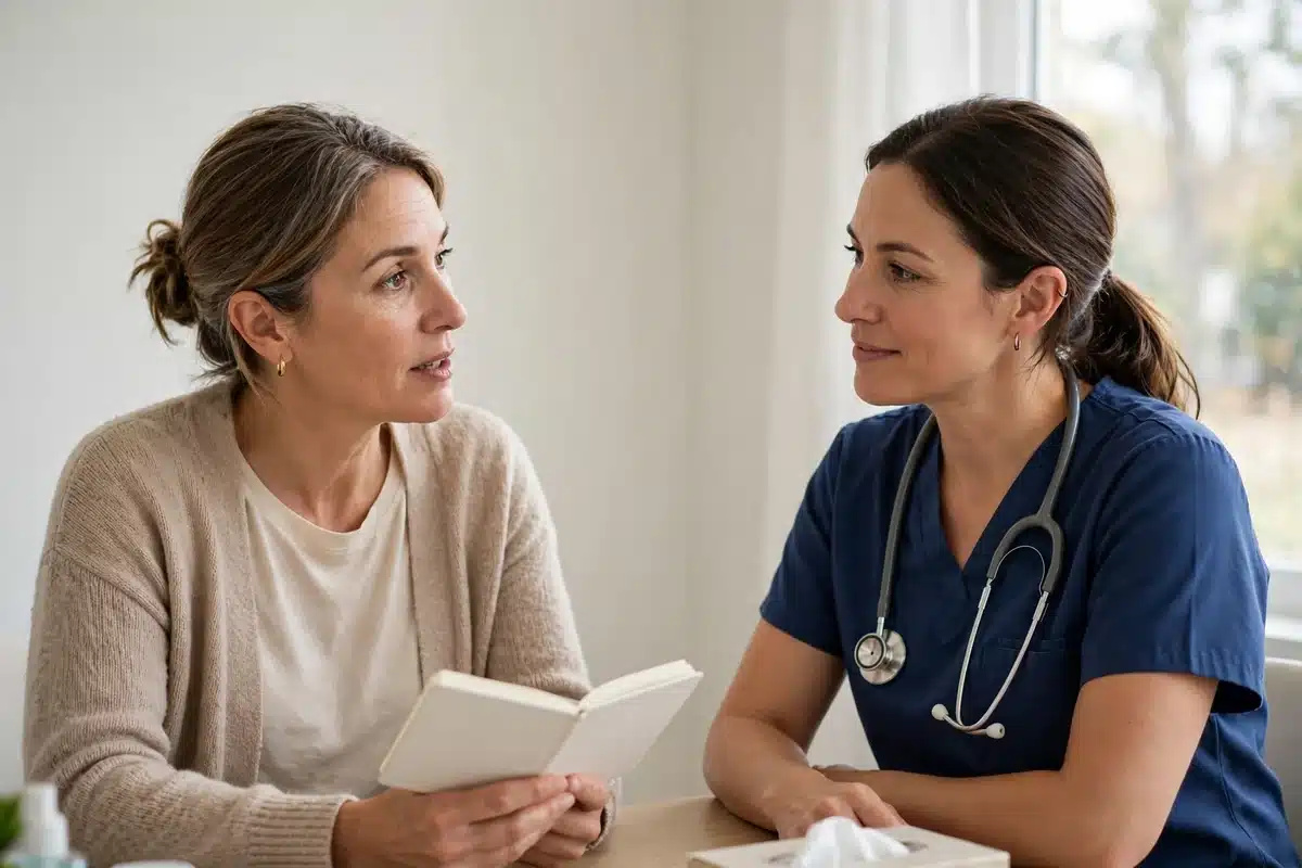 Photo of a woman sitting in a bright consultation room asking questions from a small notebook while a specialist nurse listens