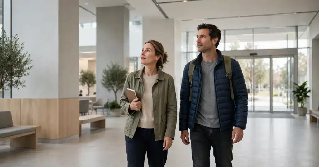Photo of a woman and her partner walking through the bright entrance hall of a modern cancer center, looking around as she carries a small notebook