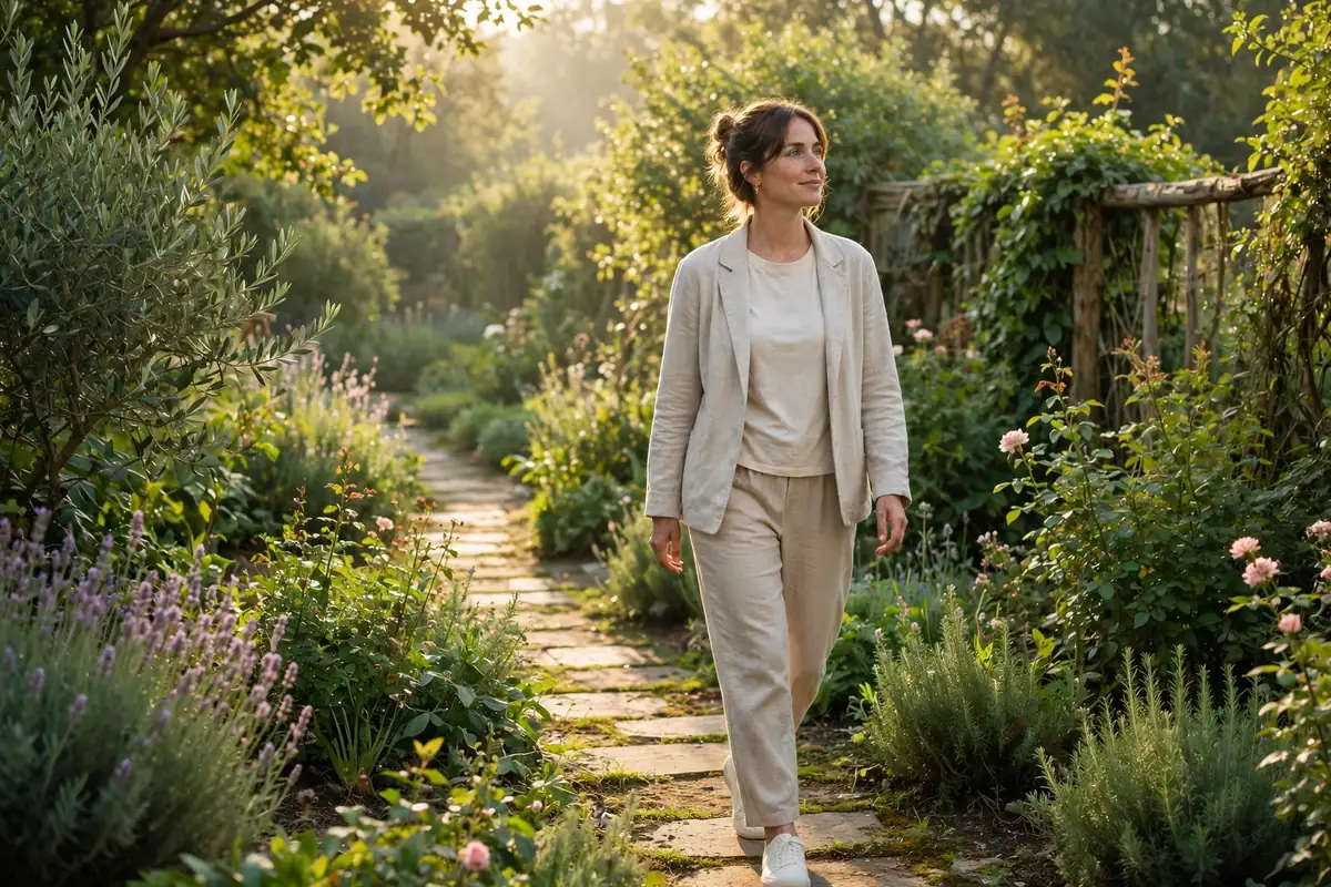 A woman taking a peaceful morning walk along a sunlit garden path