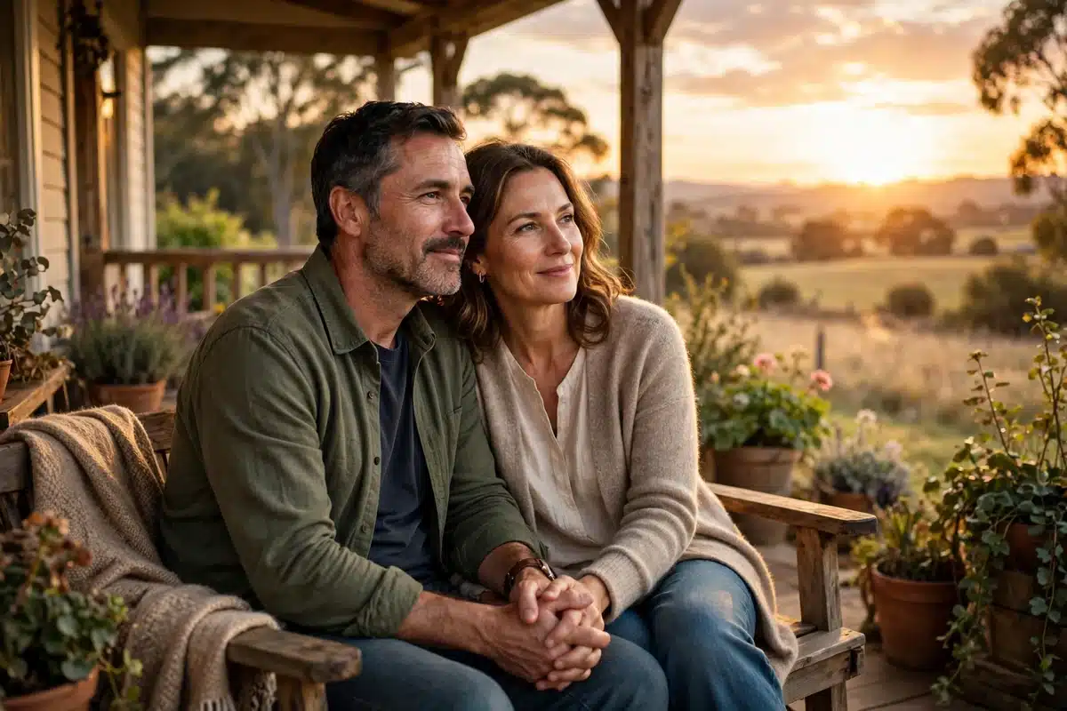 A couple holding hands on a home porch at sunset