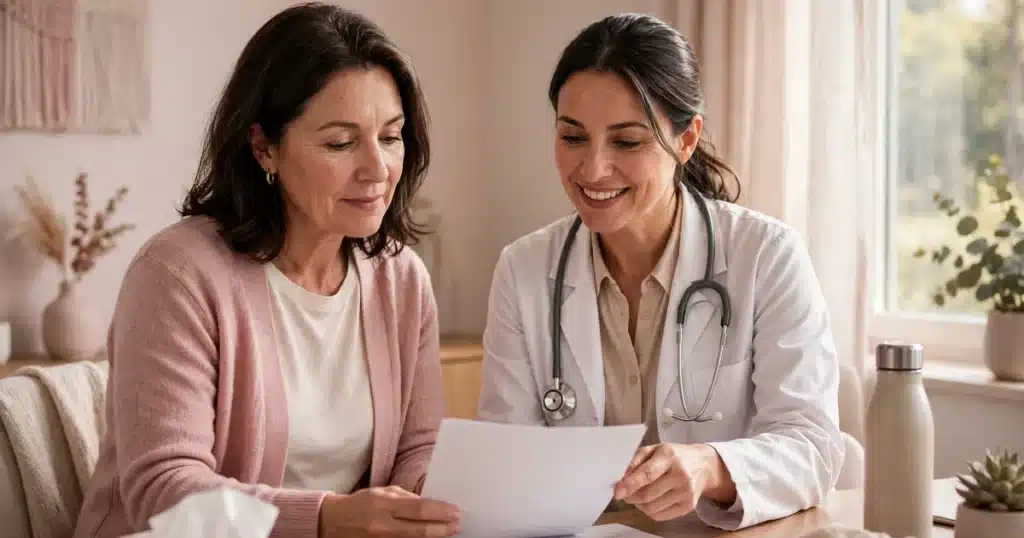 A woman patient and her doctor reviewing a treatment plan together in a bright consultation room
