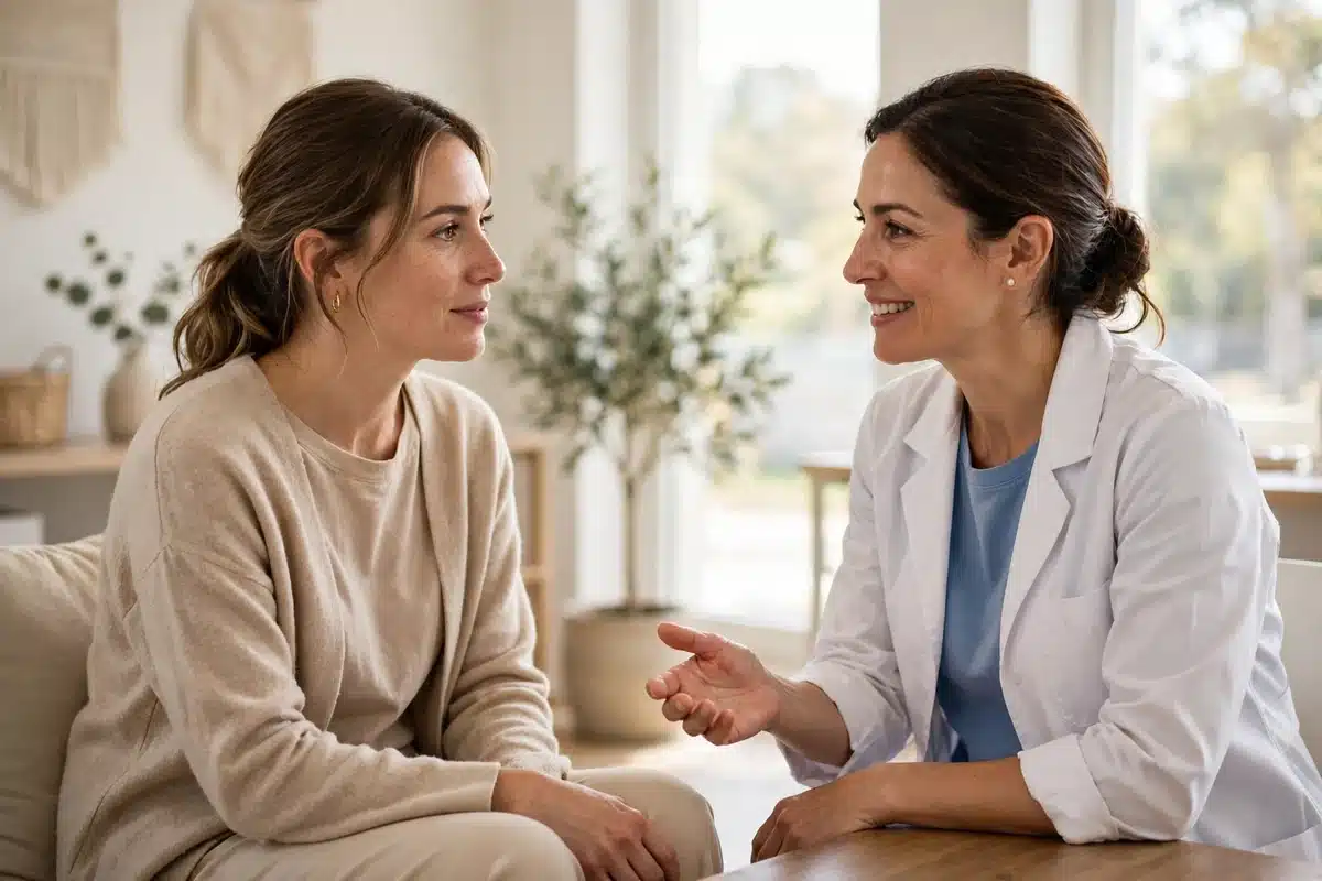 A woman in beige clothing listening as a compassionate doctor speaks with her in a bright medical office