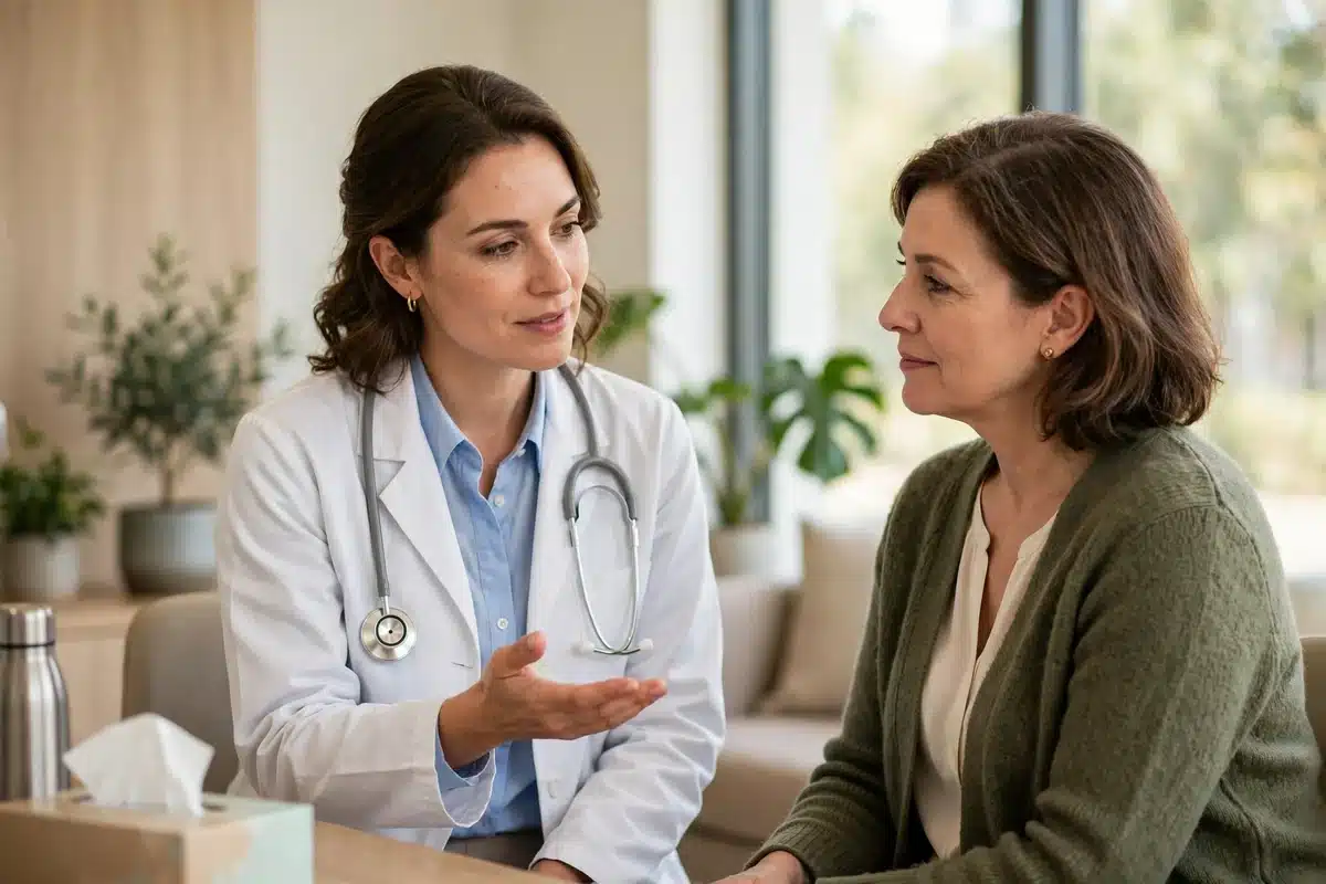 A doctor in a white coat gently explaining a treatment plan to a calm patient in a sunlit clinic