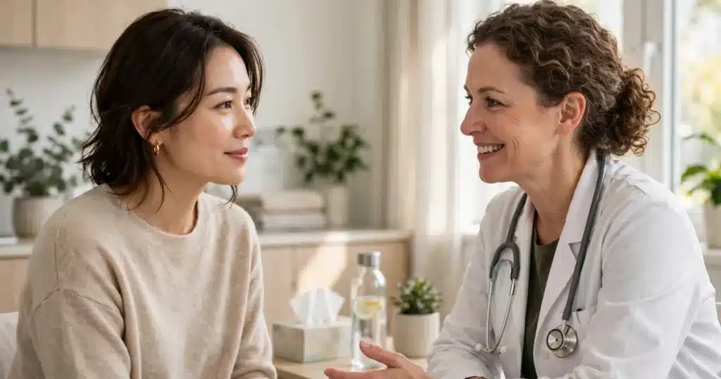 A female patient in soft beige clothing talking warmly with a smiling female doctor in a bright clinic room