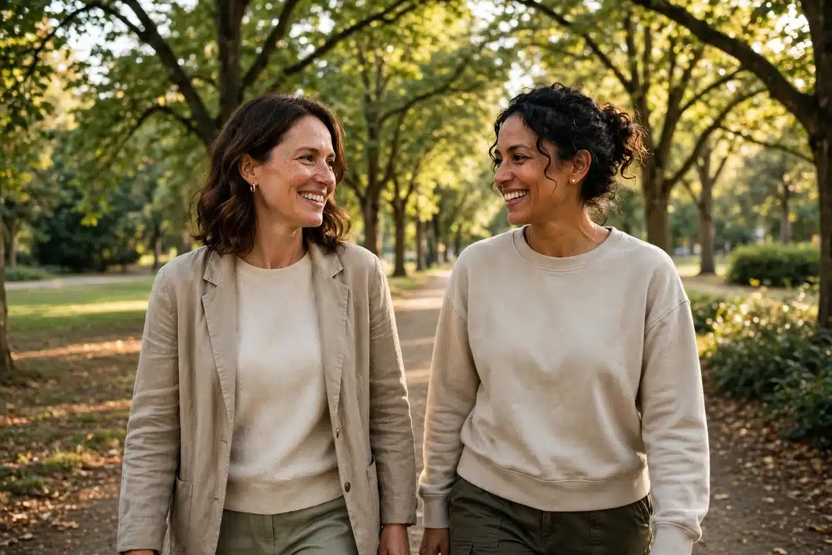 A woman walking outdoors with a supportive friend in warm natural light during radiation treatment