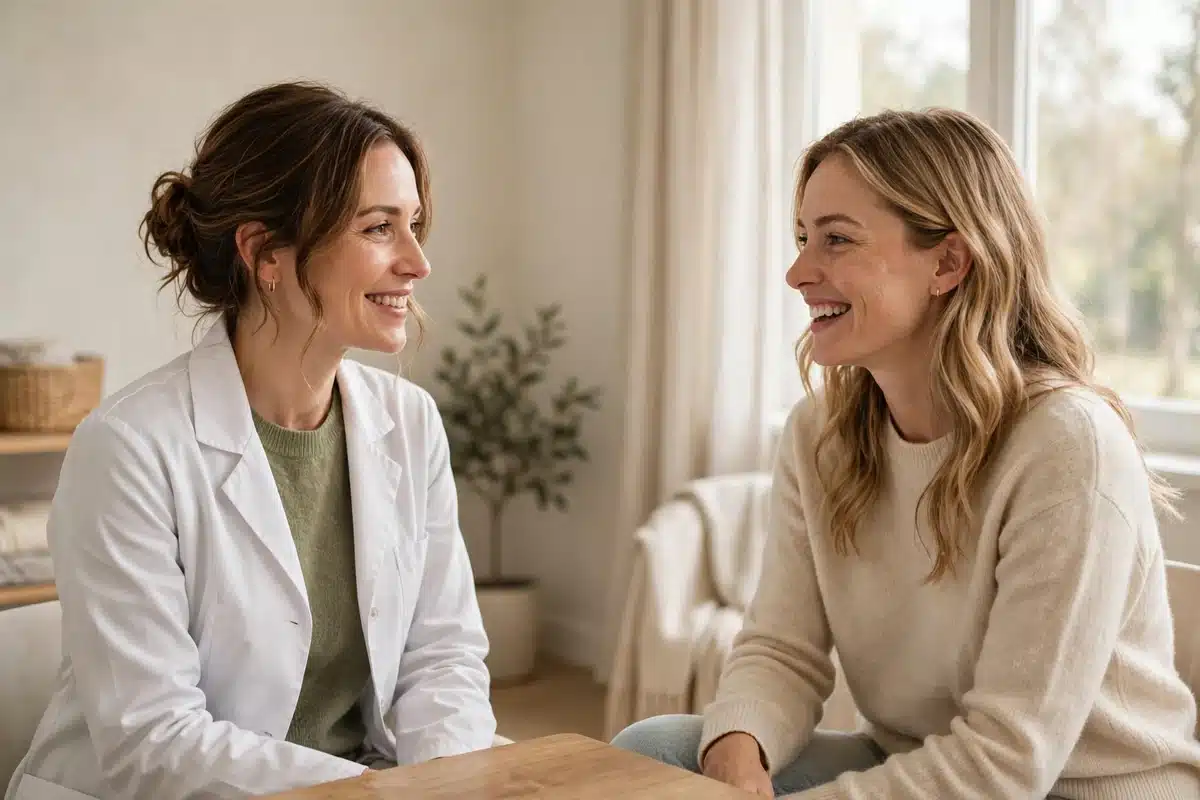 Doctor speaking reassuringly with a patient in a bright clinic consultation room