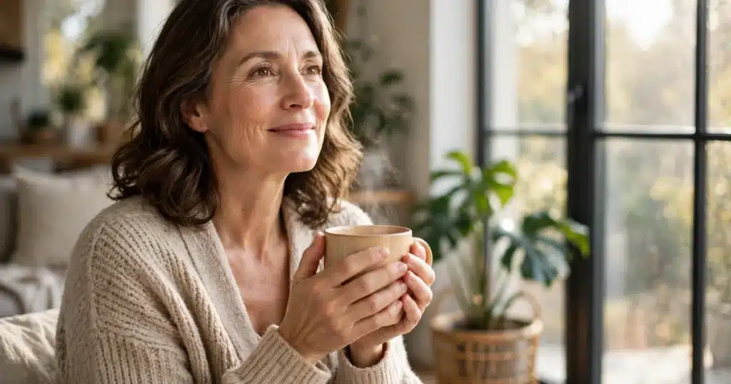 Woman resting peacefully by a bright window with a warm mug during her radiation therapy course