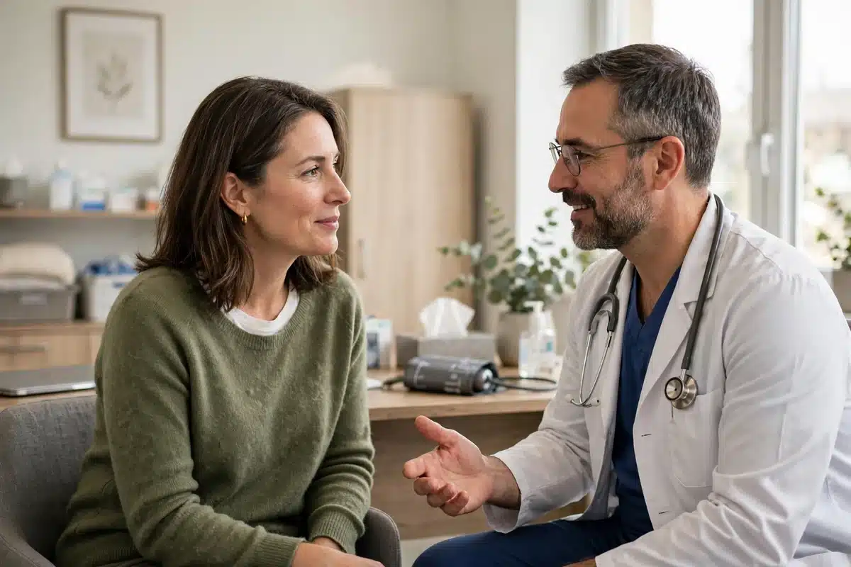 Photo of a woman in her 40s talking with her surgeon in a bright clinic office at a follow-up visit, calm and unhurried, natural window light
