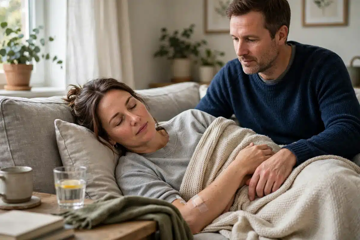 Photo of a woman in her 40s resting at home on a sofa after surgery with a family member nearby, calm and comfortable, soft daylight