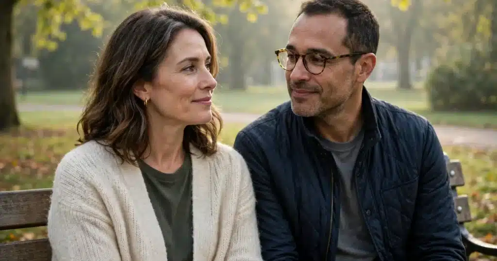 Photo of a woman in her 40s sitting on a park bench with her partner in soft morning light, calm and hopeful, natural daylight