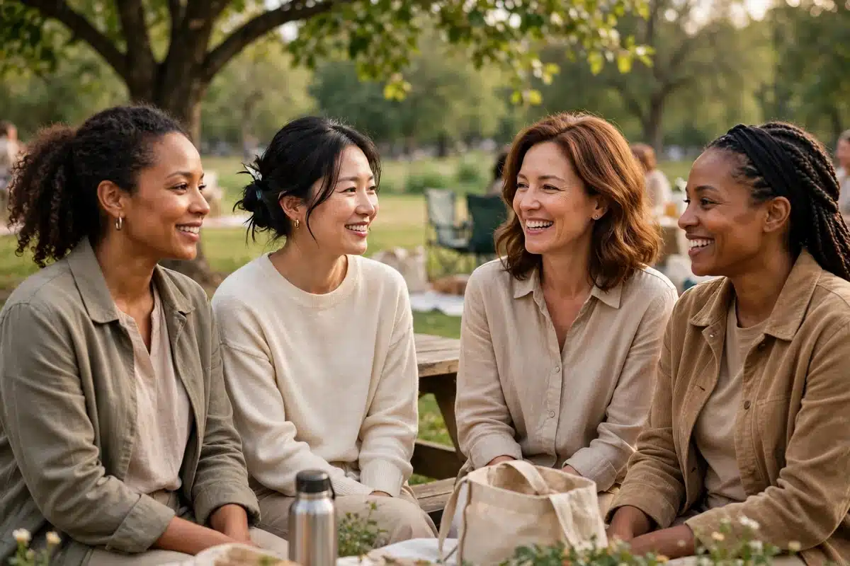 A small group of women talking together outdoors at a community gathering.