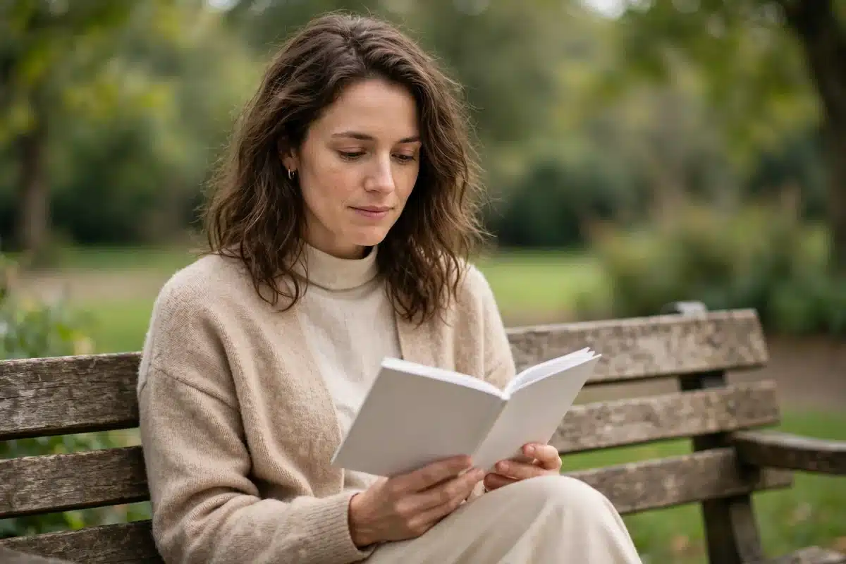 A woman reading a booklet on a park bench in gentle daylight.