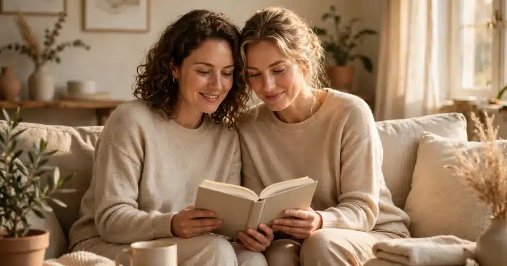 Two women reading together on a sofa in warm natural light.