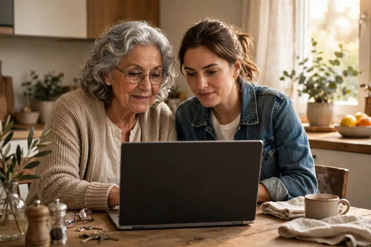 Photo of an older woman with her adult daughter looking at a laptop together at a kitchen table, warm, daylight, screen not readable