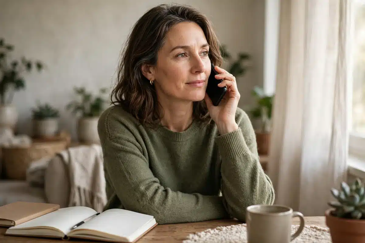 Photo of a woman in her 40s on the phone with her doctor's office at home, notebook beside her, calm, daylight