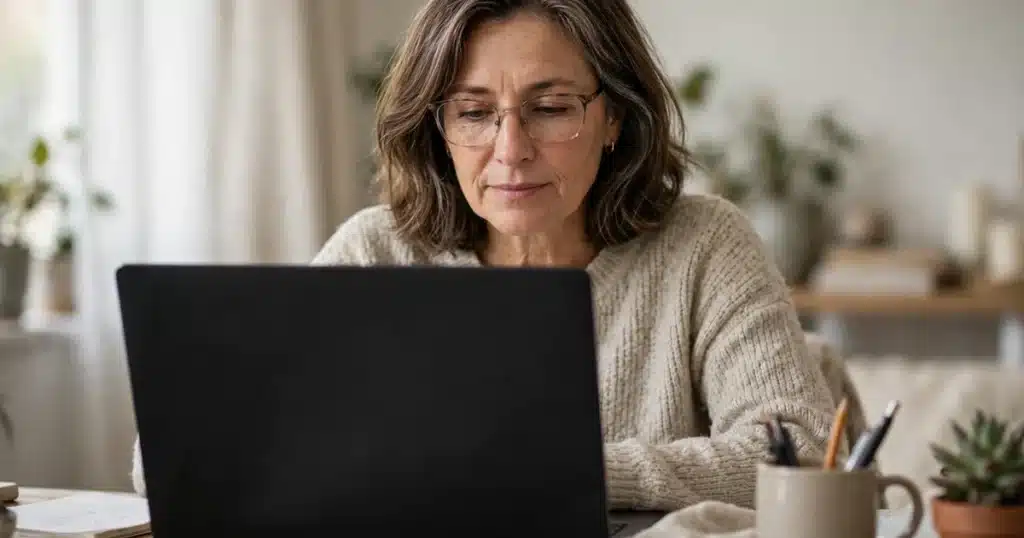 Photo of a woman in her 50s reading a laptop at her home desk, calm and focused, soft daylight, screen not readable