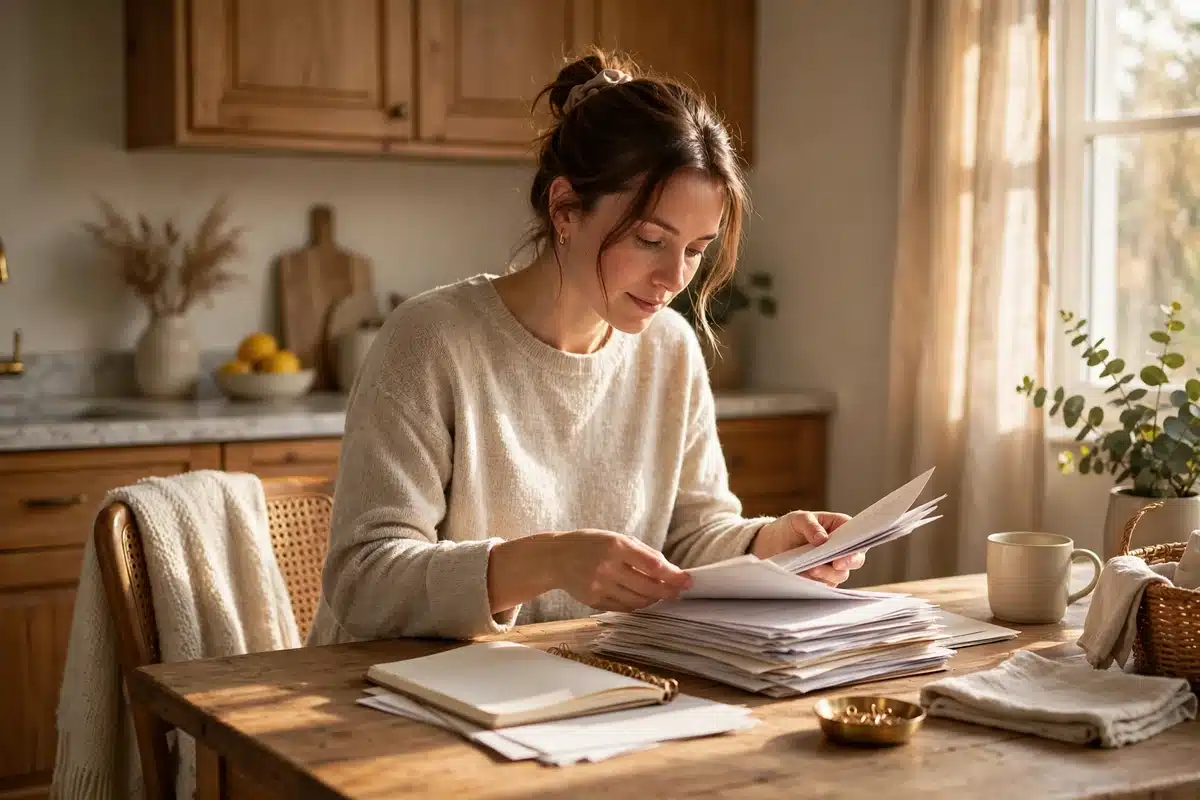 A woman reviewing paperwork at a kitchen table in warm morning light