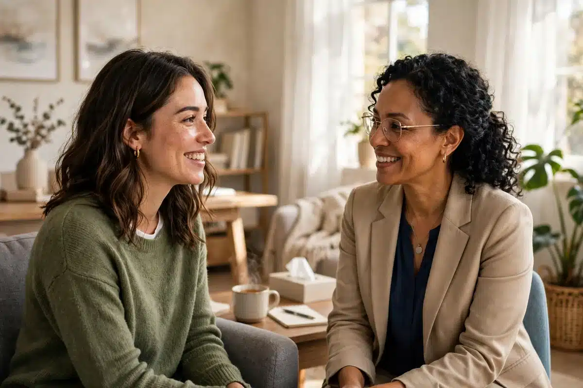 A woman and a social worker talking together in a bright office, both smiling