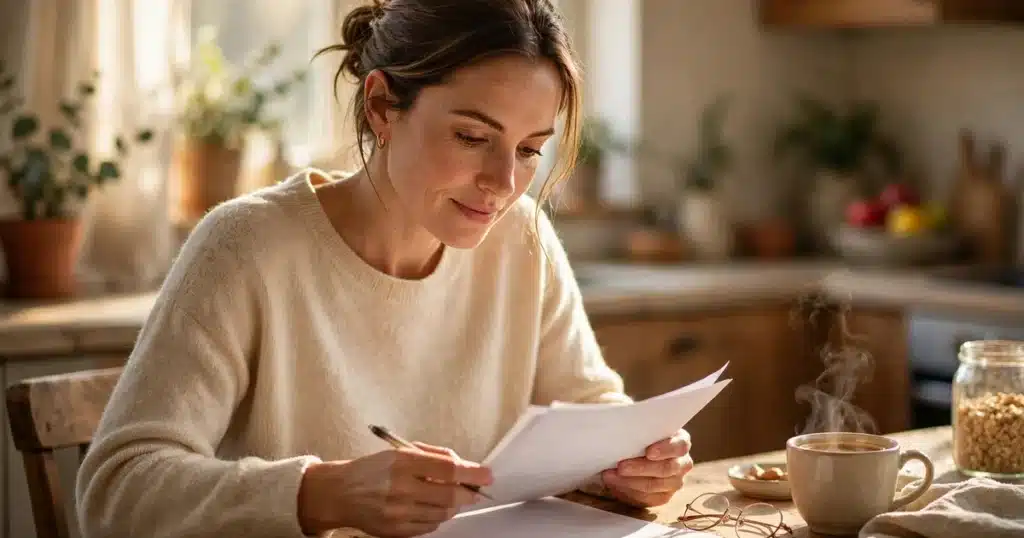 Woman reviewing paperwork at a kitchen table in warm morning light