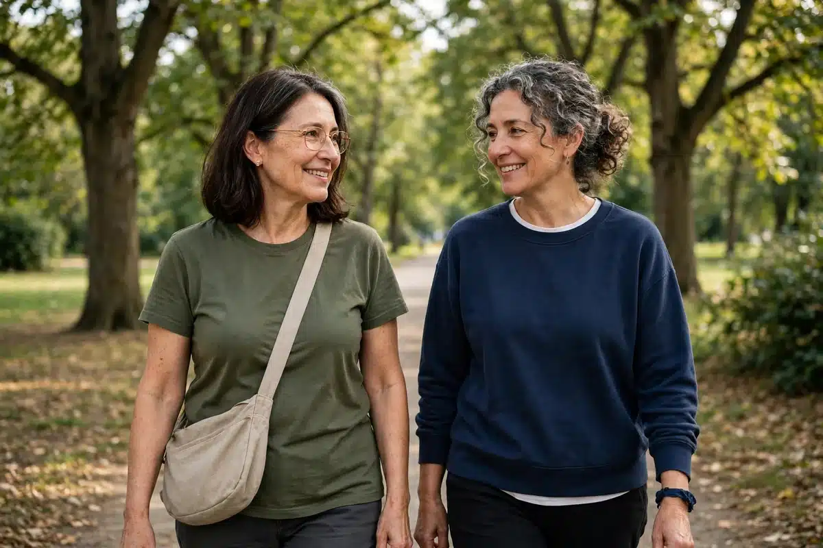 A middle-aged woman caregiver walking and talking with a close friend on a tree-lined park path in soft daylight, no readable text, no logos