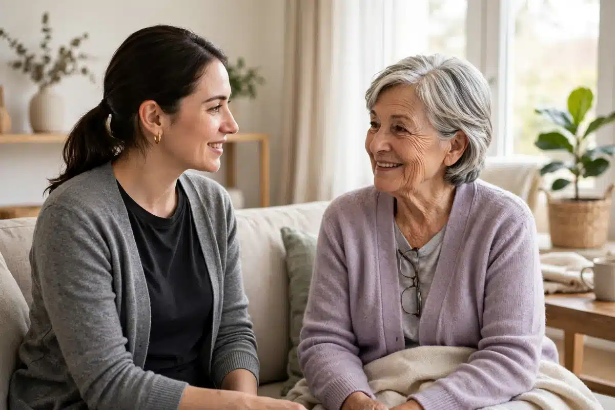 A professional home aide chatting warmly with an older woman patient in a bright living room, no readable text, no logos