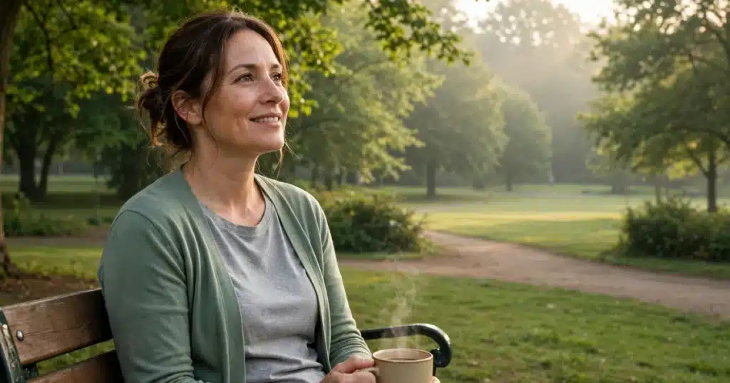 A woman caregiver in her 40s resting peacefully on a park bench with a cup of coffee in soft morning light, no readable text, no logos