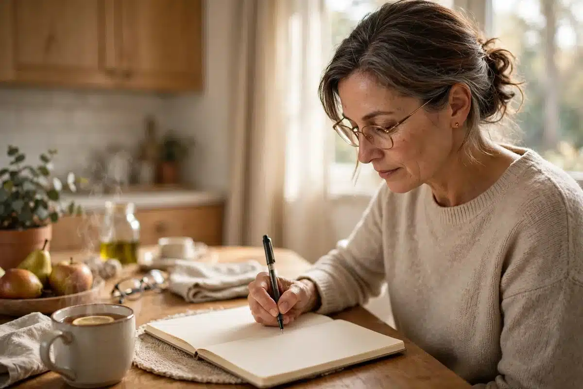 Photo of a woman at home writing a short list of health questions in a plain notebook before her routine checkup